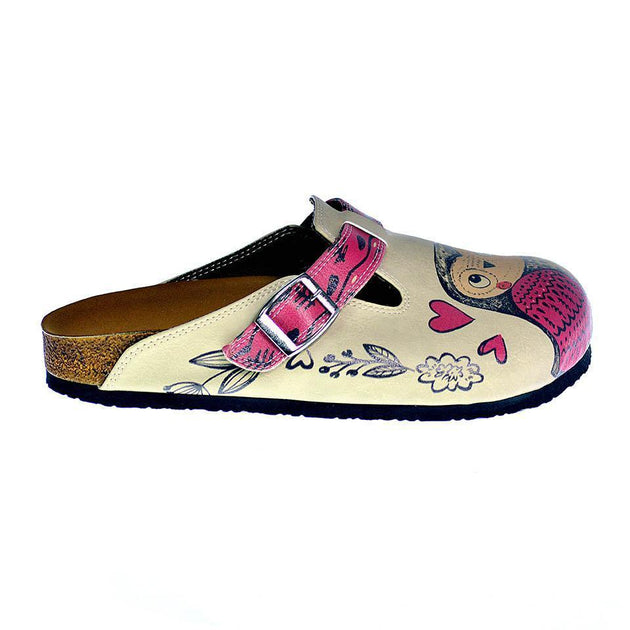  CALCEO Cream and Pink Love Owl Patterned Clogs - CAL316 Women Clogs Shoes - Goby Shoes UK