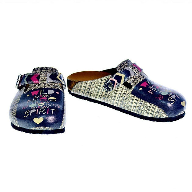  CALCEO Black, White, Purple, Pink Triangle Strip and Black Shaped, Wild Free Young Spirit Written Patterned Clogs - CAL319 Women Clogs Shoes - Goby Shoes UK