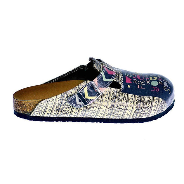  CALCEO Black, White, Purple, Pink Triangle Strip and Black Shaped, Wild Free Young Spirit Written Patterned Clogs - CAL319 Women Clogs Shoes - Goby Shoes UK