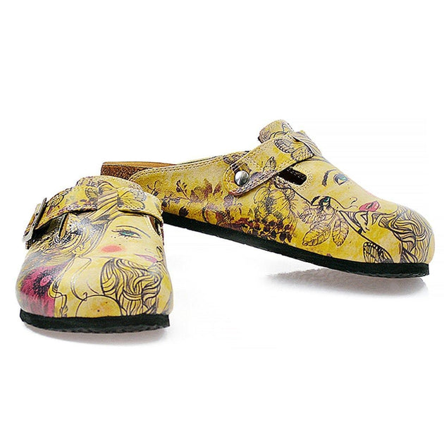Yellow Color and Purple Flowers, Yellow Butterfly and Girl Portraits Patterned Clogs - CAL322