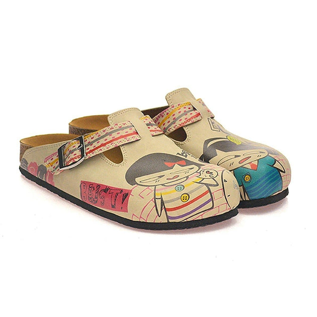  CALCEO Red, Grey, Orange Strip and Round, Being in Love Written Girls Patterned Clogs - CAL336 Clogs Shoes - Goby Shoes UK