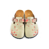  CALCEO Beige Colored and Red Flowers Patterned Clogs - CAL340 Women Clogs Shoes - Goby Shoes UK