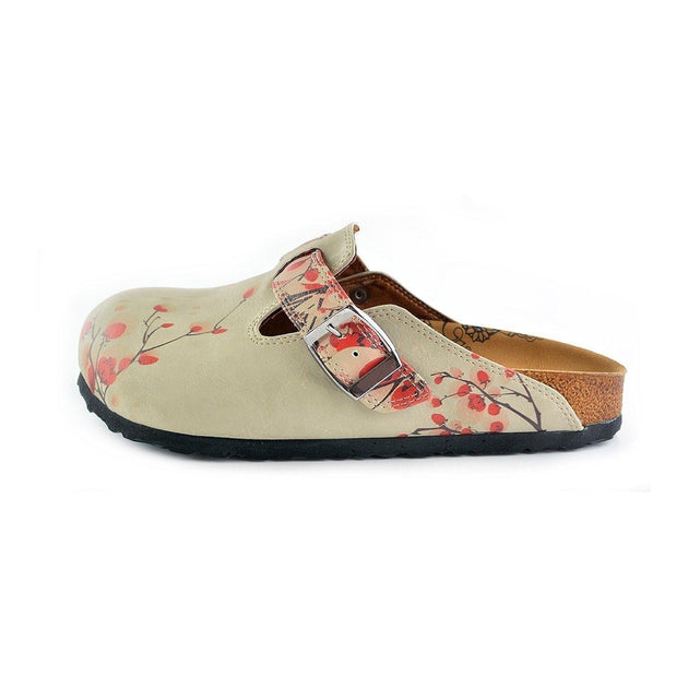  CALCEO Beige Colored and Red Flowers Patterned Clogs - CAL340 Women Clogs Shoes - Goby Shoes UK