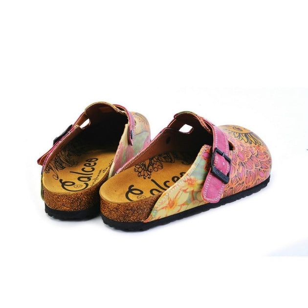 CALCEO Orange, Purple, Yellow Flowers and Yellow Sun Patterned Clogs - CAL368 Clogs Shoes - Goby Shoes UK