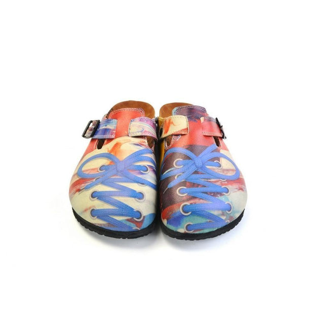 CALCEO Red Colored Patterned and Blue Laced Pow Patterned Clogs - CAL369 Clogs Shoes - Goby Shoes UK