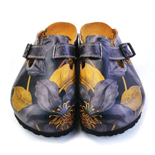  CALCEO Grey, Dark Blue Flowers and Gold Leafs Patterned Clogs - CAL372 Women Clogs Shoes - Goby Shoes UK