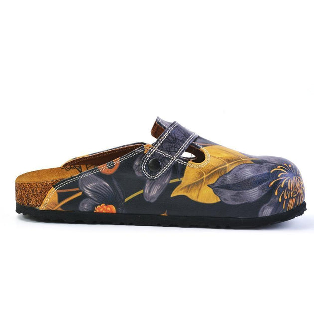  CALCEO Grey, Dark Blue Flowers and Gold Leafs Patterned Clogs - CAL372 Women Clogs Shoes - Goby Shoes UK