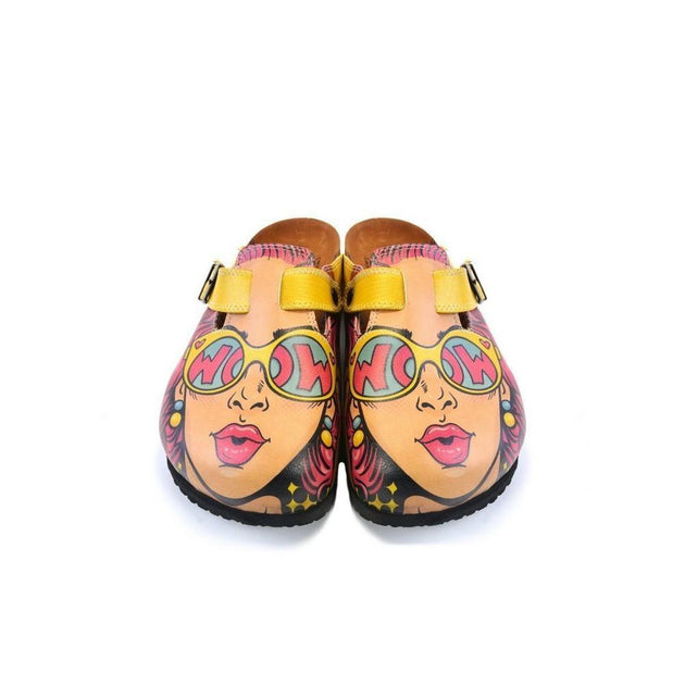  CALCEO Girl With Yellow Pattern and Pink Hair, Yellow Wow Writing Glasses Girl Clogs - CAL373 Women Clogs Shoes - Goby Shoes UK