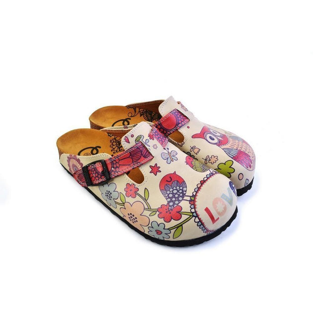  CALCEO Pink, Blue, Red Flowers Pattern and Red Birds, White and Pink Love Written Owl Patterned Clogs - CAL374 Clogs Shoes - Goby Shoes UK