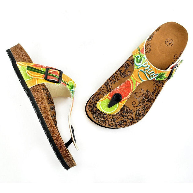  CALCEO Hello Spring Written and Green, Orange, Red Lemon, Orange Patterned Sandal - CAL503 Women Sandal Shoes - Goby Shoes UK