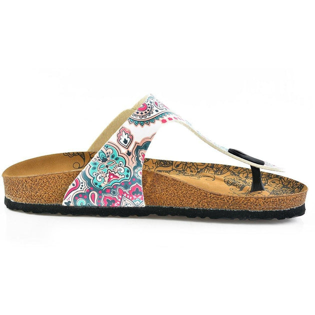 White, Blue, Pink Flowers Medallion Patterned Sandal - CAL504