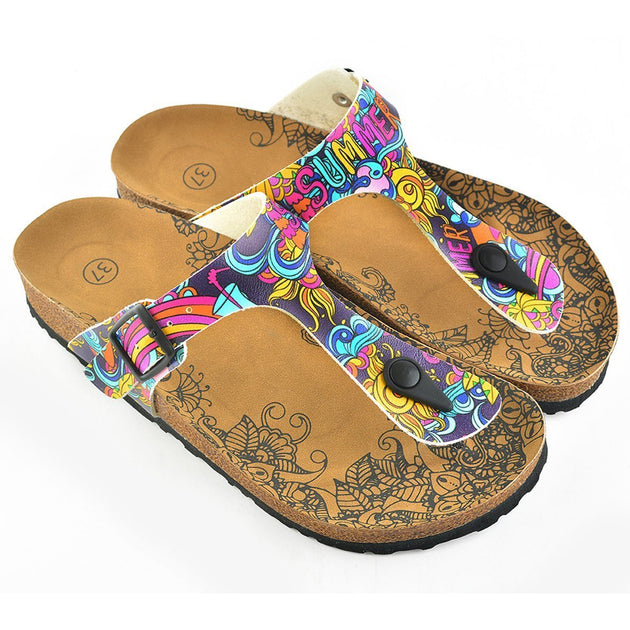  CALCEO Summer Written, Purple, Colored Mixed Pattern and Yellow Sun Patterned Sandal - CAL507 Sandal Shoes - Goby Shoes UK