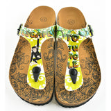  CALCEO Escape to Jungle Written, Green Colored Black Monkey Patterned Sandal - CAL508 Women Sandal Shoes - Goby Shoes UK