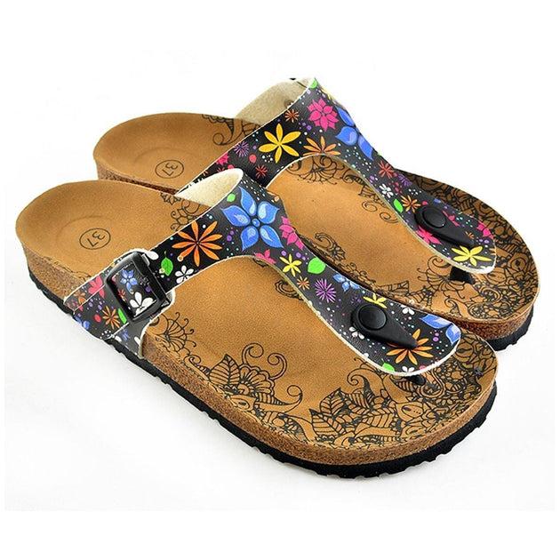  CALCEO Black Colored and White Bright, Colored Flowers Patterned Sandal - CAL512 Women Sandal Shoes - Goby Shoes UK