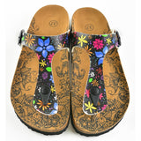  CALCEO Black Colored and White Bright, Colored Flowers Patterned Sandal - CAL512 Women Sandal Shoes - Goby Shoes UK