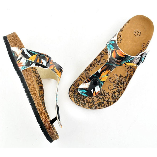  CALCEO Black Colored and Orange, Blue Leaves Patterned Sandal - CAL514 Women Sandal Shoes - Goby Shoes UK