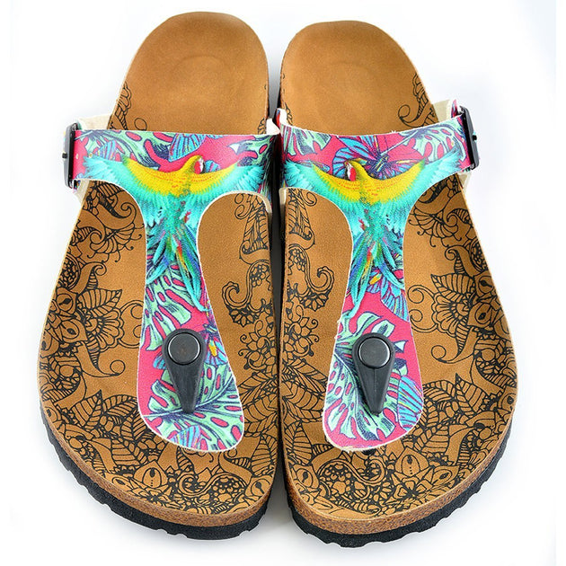  CALCEO Dark Pink Colored, Green Leavs, Blue and Yellow Parrots, Patterned Sandal - CAL518 Women Sandal Shoes - Goby Shoes UK