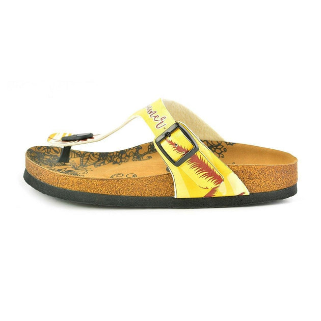 Yellow, Cream Colored Beach and Brown Tropical Leaved and I Love You Summer Written Patterned Sandal - CAL520