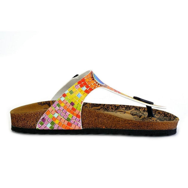  CALCEO Blue, Yellow, Orange Geometric Patterned Sandal - CAL528 Women Sandal Shoes - Goby Shoes UK