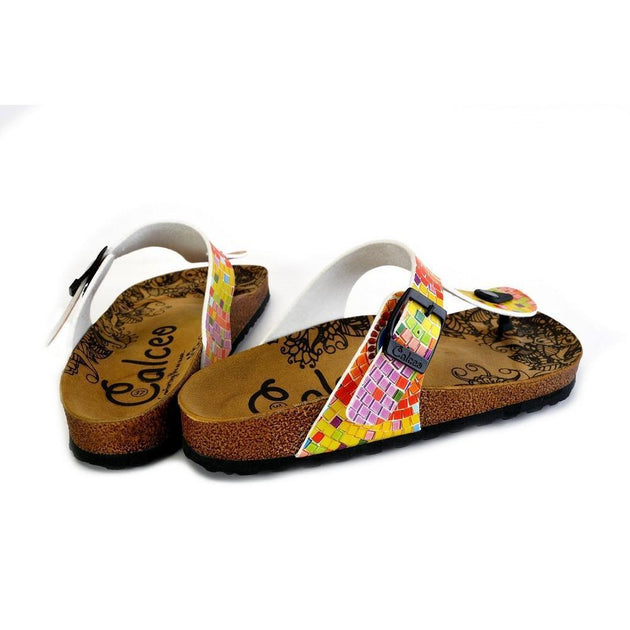  CALCEO Blue, Yellow, Orange Geometric Patterned Sandal - CAL528 Women Sandal Shoes - Goby Shoes UK