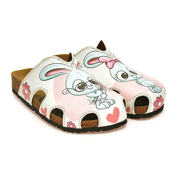  CALCEO Pink and White Colored Flowers and Grey Cute Bunny Patterned Clogs - WCAL601 Clogs Shoes - Goby Shoes UK