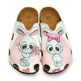  CALCEO Pink and White Colored Flowers and Grey Cute Bunny Patterned Clogs - WCAL601 Clogs Shoes - Goby Shoes UK