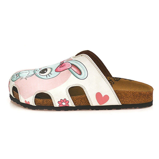  CALCEO Pink and White Colored Flowers and Grey Cute Bunny Patterned Clogs - WCAL601 Clogs Shoes - Goby Shoes UK