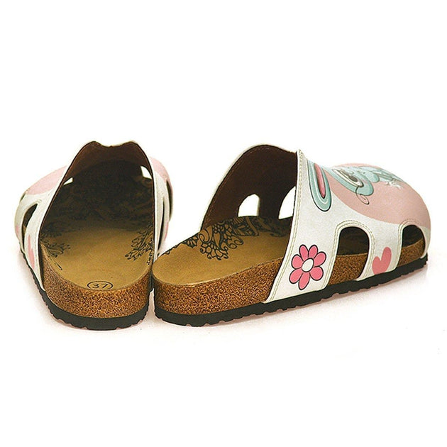  CALCEO Pink and White Colored Flowers and Grey Cute Bunny Patterned Clogs - WCAL601 Clogs Shoes - Goby Shoes UK