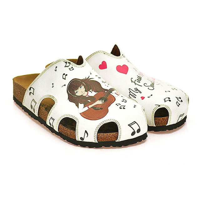 White and Red Hearted Patterned, Music Notes and Playing Guitar Girl Patterned Clogs - WCAL602