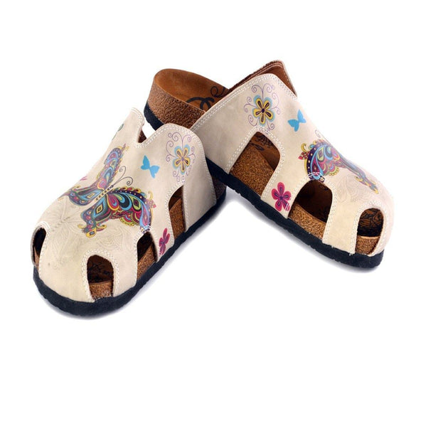  CALCEO Cream Colored and Butterfly and Bird Patterned Clogs - CAL608 Women Clogs Shoes - Goby Shoes UK