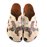  CALCEO Cream Colored and Butterfly and Bird Patterned Clogs - CAL608 Women Clogs Shoes - Goby Shoes UK