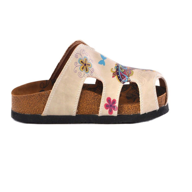  CALCEO Cream Colored and Butterfly and Bird Patterned Clogs - CAL608 Women Clogs Shoes - Goby Shoes UK