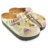  CALCEO Pink and Yellow Colored, London, Paris Written, Traveling Blonde Girl Clogs - CAL701 Clogs Shoes - Goby Shoes UK