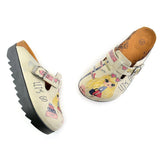  CALCEO Pink and Yellow Colored, London, Paris Written, Traveling Blonde Girl Clogs - CAL701 Clogs Shoes - Goby Shoes UK