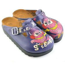  CALCEO Dark Blue, Purple Owl, Sleeper Patterned Clogs - CAL702 Women Clogs Shoes - Goby Shoes UK