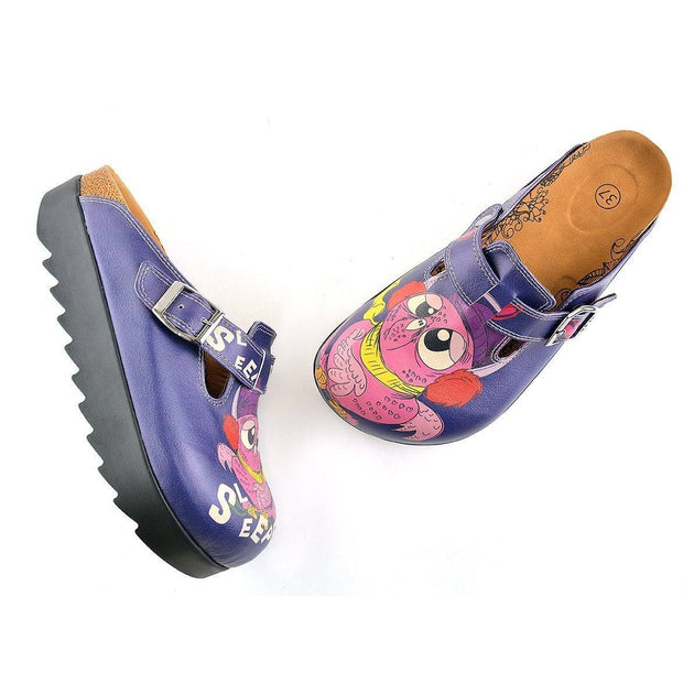  CALCEO Dark Blue, Purple Owl, Sleeper Patterned Clogs - CAL702 Women Clogs Shoes - Goby Shoes UK