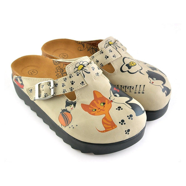  CALCEO Beige Colored, Playful Kitty and Yellow and White Flowered Patterned Clogs - CAL703 Women Clogs Shoes - Goby Shoes UK