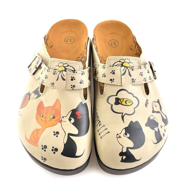  CALCEO Beige Colored, Playful Kitty and Yellow and White Flowered Patterned Clogs - CAL703 Women Clogs Shoes - Goby Shoes UK