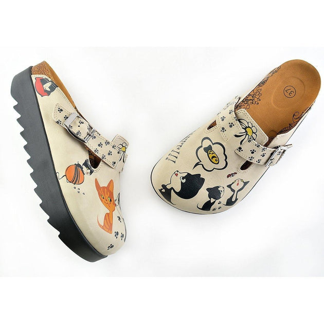  CALCEO Beige Colored, Playful Kitty and Yellow and White Flowered Patterned Clogs - CAL703 Women Clogs Shoes - Goby Shoes UK