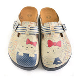  CALCEO Blue and Cream Colored Strip, Blue Colored Sweet Cat Patterned Clogs - CAL706 Women Clogs Shoes - Goby Shoes UK