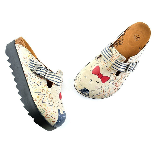  CALCEO Blue and Cream Colored Strip, Blue Colored Sweet Cat Patterned Clogs - CAL706 Women Clogs Shoes - Goby Shoes UK