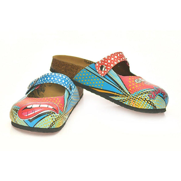  CALCEO Blue and Red Retro Pattern, Good Girls do Bad Things, Patterned Clogs - CAL801 Women Clogs Shoes - Goby Shoes UK
