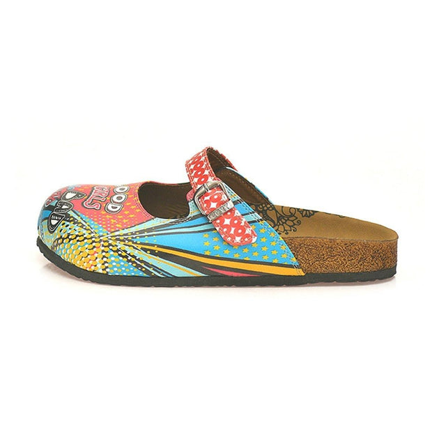  CALCEO Blue and Red Retro Pattern, Good Girls do Bad Things, Patterned Clogs - CAL801 Women Clogs Shoes - Goby Shoes UK