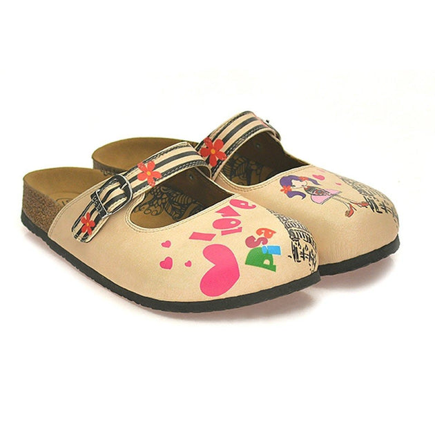  CALCEO Black, Beige Strip Flowers Pattern, Pisa Tower Patterned Clogs - CAL803 Women Clogs Shoes - Goby Shoes UK