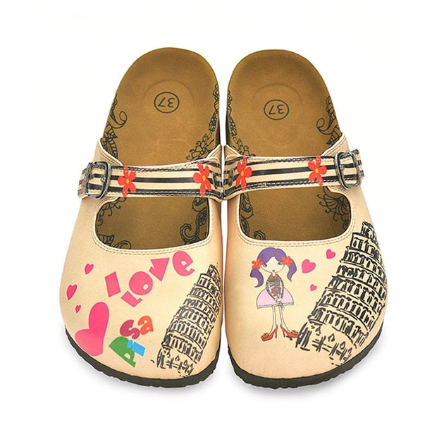  CALCEO Black, Beige Strip Flowers Pattern, Pisa Tower Patterned Clogs - CAL803 Women Clogs Shoes - Goby Shoes UK