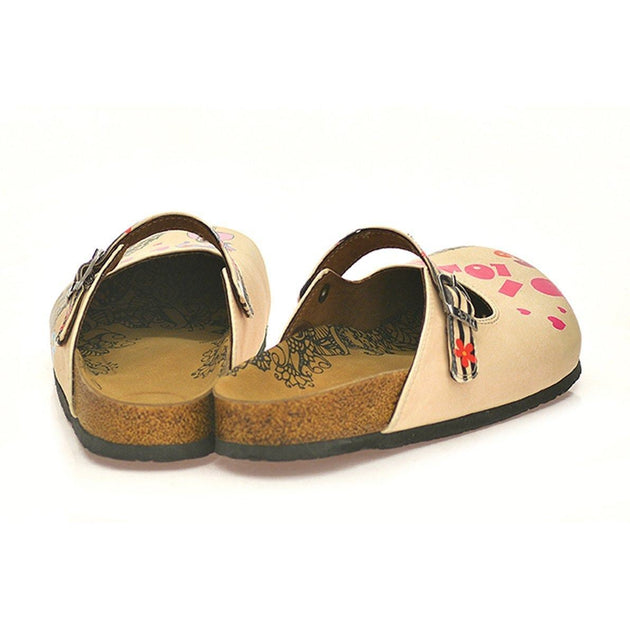  CALCEO Black, Beige Strip Flowers Pattern, Pisa Tower Patterned Clogs - CAL803 Women Clogs Shoes - Goby Shoes UK