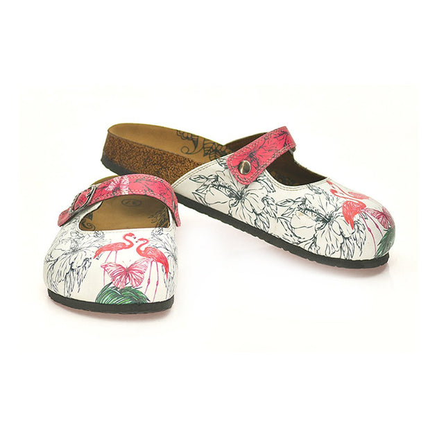  Calceo CAL806 White & Pink Flamingo Clogs Women Clogs Shoes - Goby Shoes UK