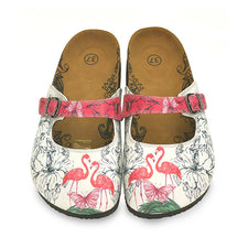  Calceo CAL806 White & Pink Flamingo Clogs Women Clogs Shoes - Goby Shoes UK