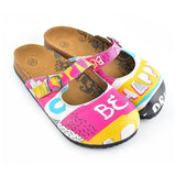  CALCEO Pink, Blue, Yellow Colored Striped Pattern and be Happy Written Patterned Clogs - CAL809 Clogs Shoes - Goby Shoes UK