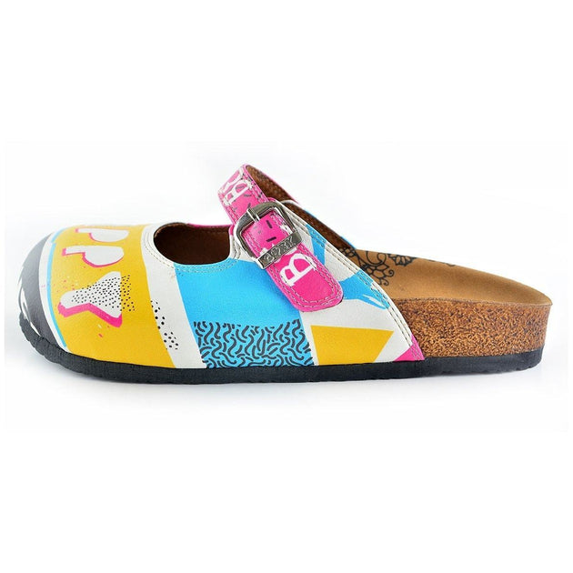  CALCEO Pink, Blue, Yellow Colored Striped Pattern and be Happy Written Patterned Clogs - CAL809 Clogs Shoes - Goby Shoes UK